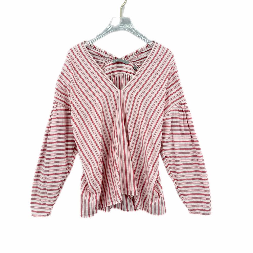 Vince Red & White Variegated Stripe 100% Cotton Long Sleeve V-Neck Blouse Top - Picture 6 of 11